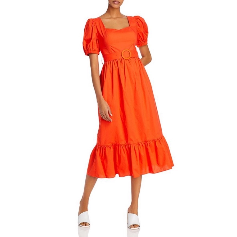 Brand New Endless Rose Orange Short Puff Sleeve Belted Midi Dress